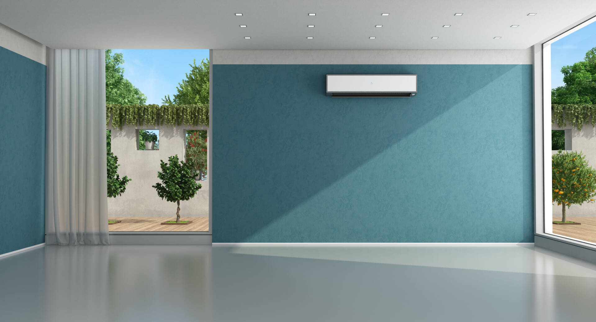Empty blue home interior with air conditioner and garden on background - 3d rendering